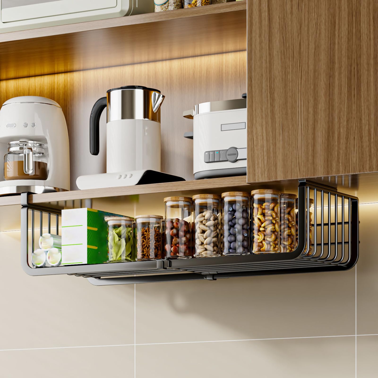 Cestas De Almacenamiento Colgar Debajo,Cesta De Metal para Colgar Debajo,Cestas Colgantes para Estantes,Ajustable,Sin Taladrar,para Cocina,Oficina,Despensa,BañO,Armario
