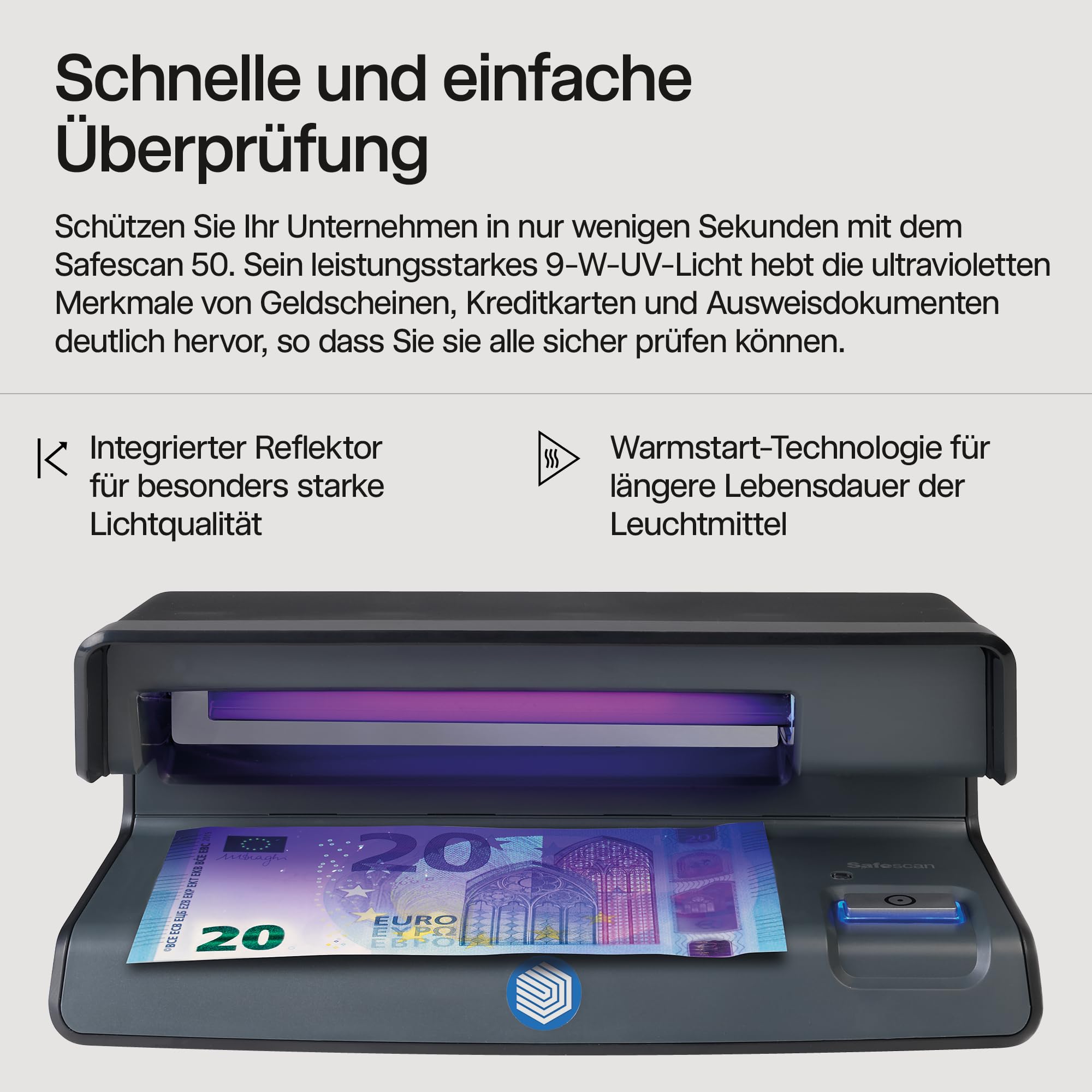 Safescan 50 UV-Falschgeldprüfgerät zur Prüfung von Banknoten, Kreditkarten und Ausweisen - UV-Geldscheinprüfer für neue Banknoten mit UV-Licht - UV-Geldscheinprüfer