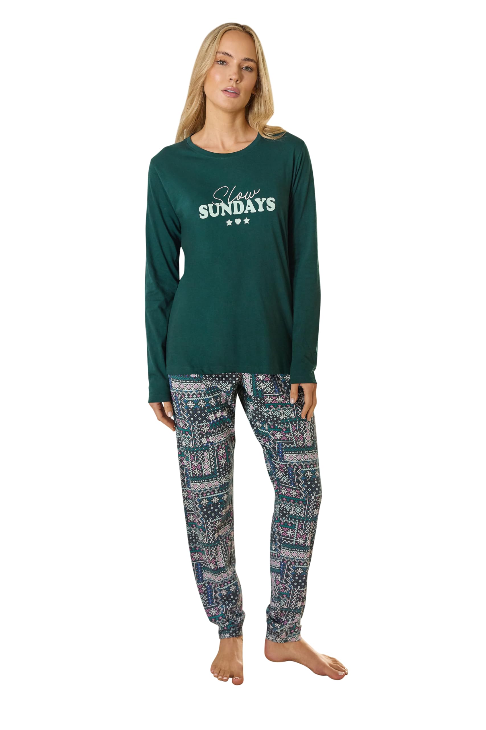 Lts Women's Green Tall Fairisle Print Cotton Cuffed Pyjama Set Size 22-24