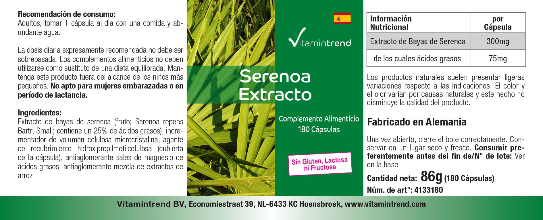 Vitamintrend Extracto de palma enana americana 300 mg, 180 cápsulas, fácil de tragar, complemento alimenticio vegano sin estearato de magnesio, fabricado en Alemania