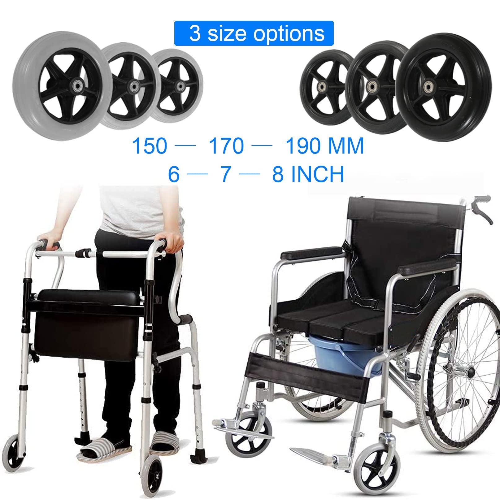 Ersatz-Rollstuhl-Lenkrollen-Set, solide Vorderräder für Rollstühle, Rollatoren und Gehhilfen, leicht rollendes Design mit Lagern (schwarz 15