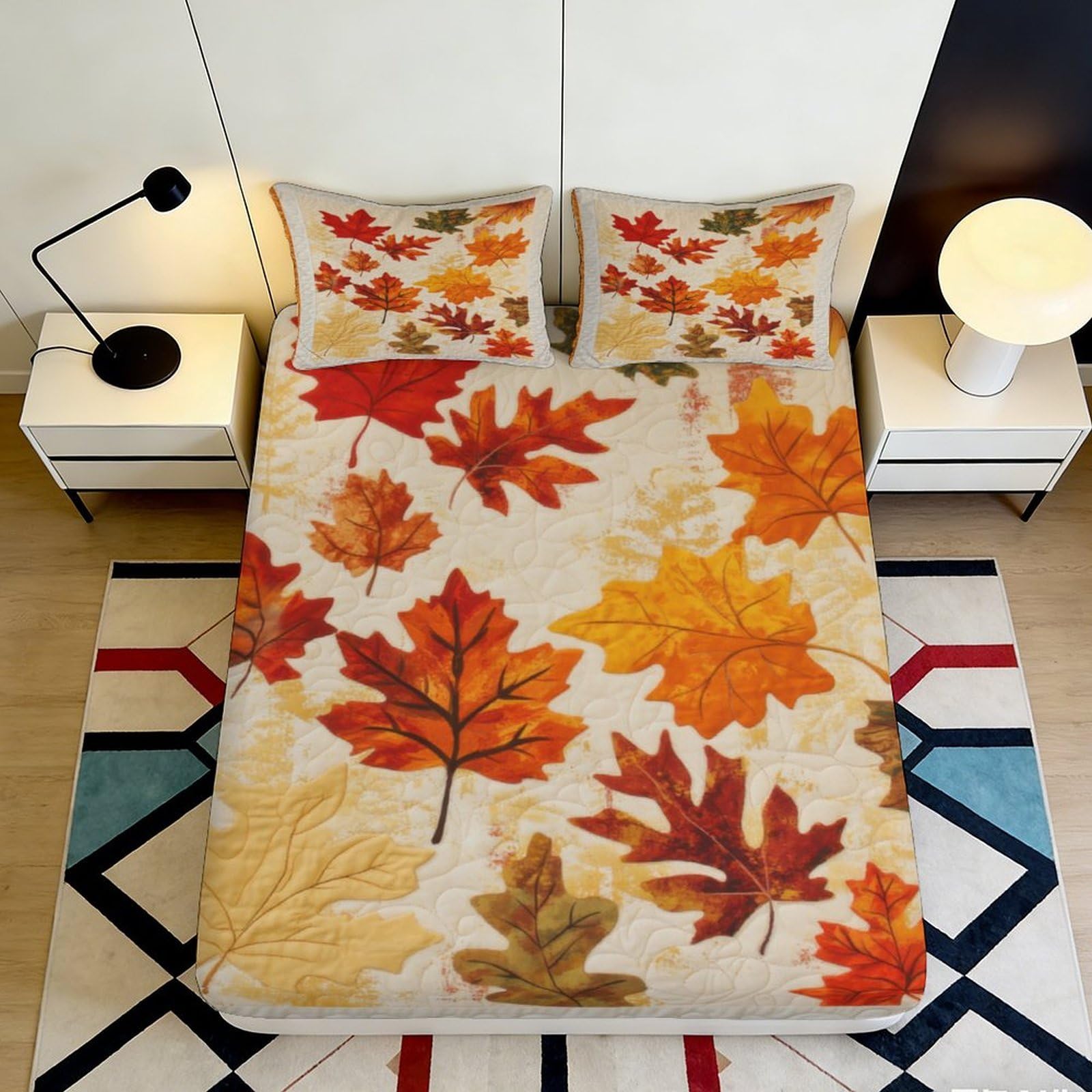 3D Printed Autumn Maple Leaf Fitted Sheet Microfiber Soft Elastic Bed Cover for Bedroom Guest Room Machine Washable 90x200x25cm
