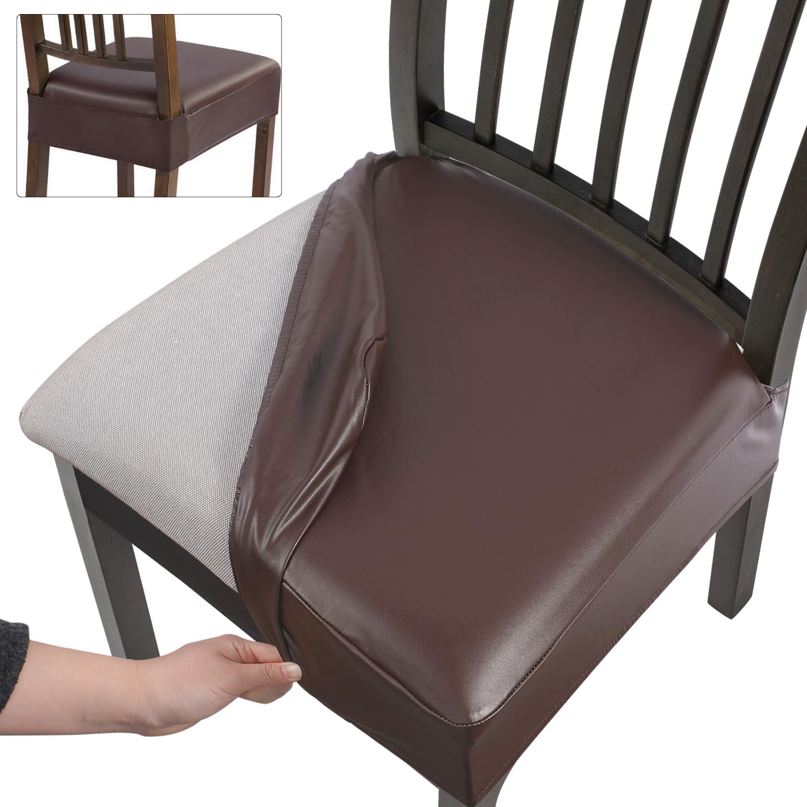 SearchI Waterproof PU Dining Chair Seat Covers Set of 6, Soft Removable Washable Seat Covers for Dining Chairs, Dining Room Seat Cover Slipcover Protector (Rear-Covered, PU Brown) — image 1