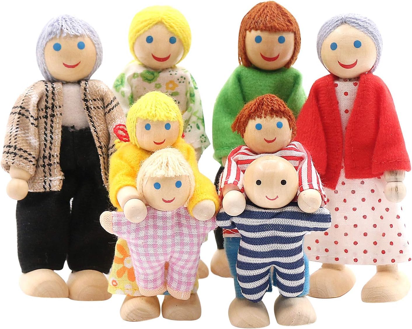 SumDirect Sets of 8 People Wooden Family Doll Toys, Lovely Happy Family Dolls Playset Doll House Accessories for Doll House Kids Children Toy (Style 3)