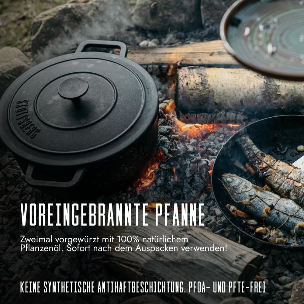 Skottsberg Gusseisen Topf - Ø 28 cm – Vorgebrannt & PFAS-frei, 5,5L Volumen, Deckel mit Aromaspikes