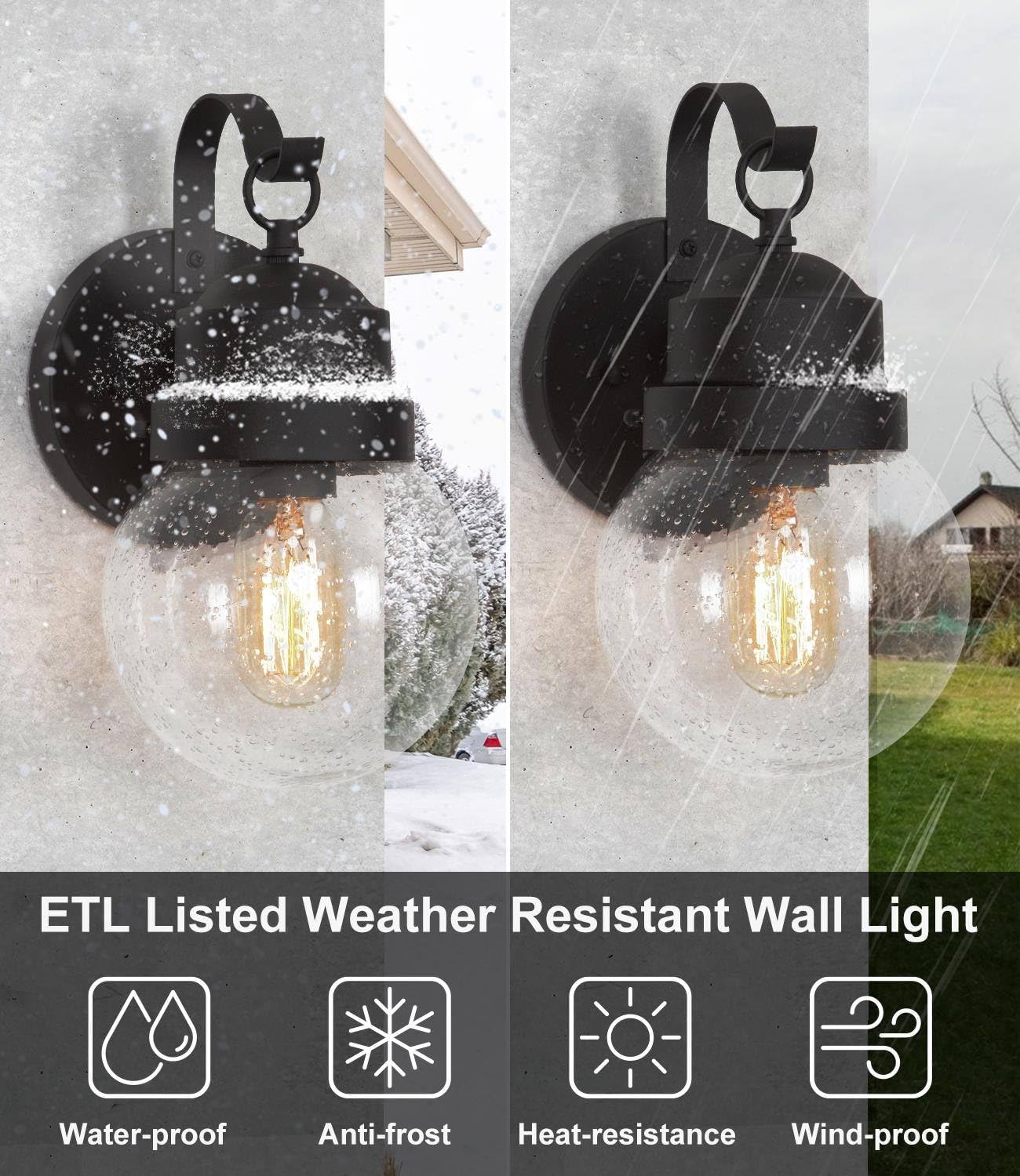 LALUZ Outdoor Porch Wall Lighting, Anti-Rust Exterior Wall Light Fixture with Globe Seeded Glass, Weather-Proof Outdoor Sconce Lights Black Outside Wall Lantern for Patio, Garage, Yards