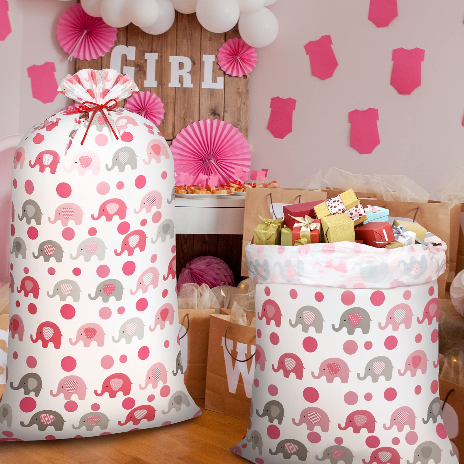 Leinuosen 2-Pack Giant 70-Inch Gift Bags – Huge Plastic Party Bags With Ropes For Baby Showers, Birthdays & Big Presents (Blue Elephant Polka Dot)