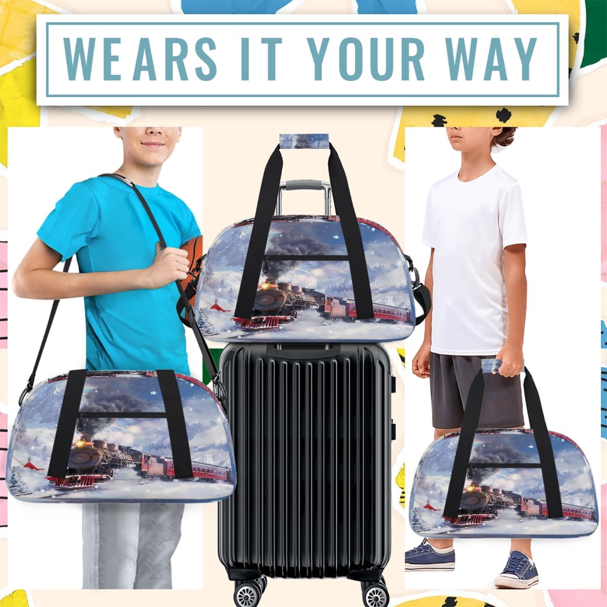 Mountains Train Kids Duffle Bag for Girls Boys Waterproof Gym Bag Portable Overnight Weekender Bags Carry On Travel Tote Bags for Sports Dance School Practice