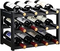 VASMIA 3-Tier Bamboo Wine Rack for 12 Bottles - Sturdy Countertop Storage Cabinet, Kitchen Pantry Holder, Black