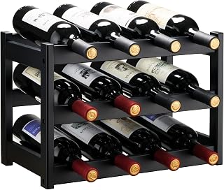 VASMIA 3-Tier Bamboo Wine Rack for 12 Bottles - Sturdy Countertop Storage Cabinet for Kitchen Pantry Black