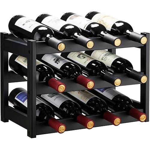Bamboo Wine Rack, Sturdy and Durable Wine Storage Cabinet Shelf, Wine Racks Countertop for Pantry,Kitchen,3-Tier 12 Bottles Wine Rack Black