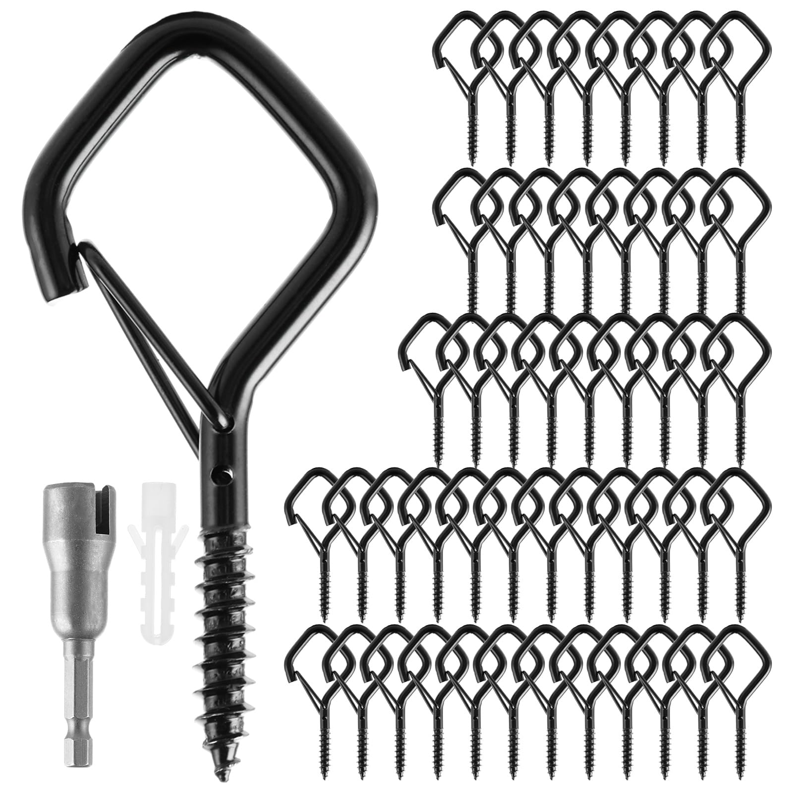 YOUNTHYE 60Pcs Screw Hooks, Black Screw in Hook with Safety Buckle, Metal Ceiling Hooks Outdoor Eye Hooks Screw in Garden Hook for Hanging Plants, Cup, Fairy Lights, Wind Chimes