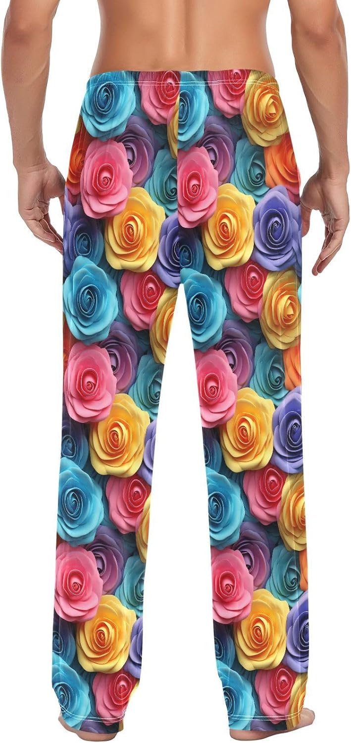 ALAZA Rainbow Rose Flowers 3d Men's Pajama Pants Men Cotton Pajama Bottoms with Pockets, S