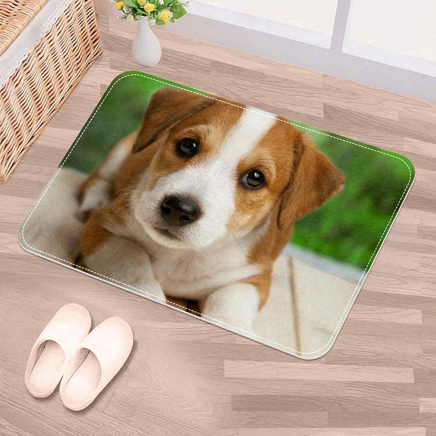 子犬デザインラグ フリンジ付き Amazon | エリアラグ、玄関マット、ジャックラッセル テリア犬の