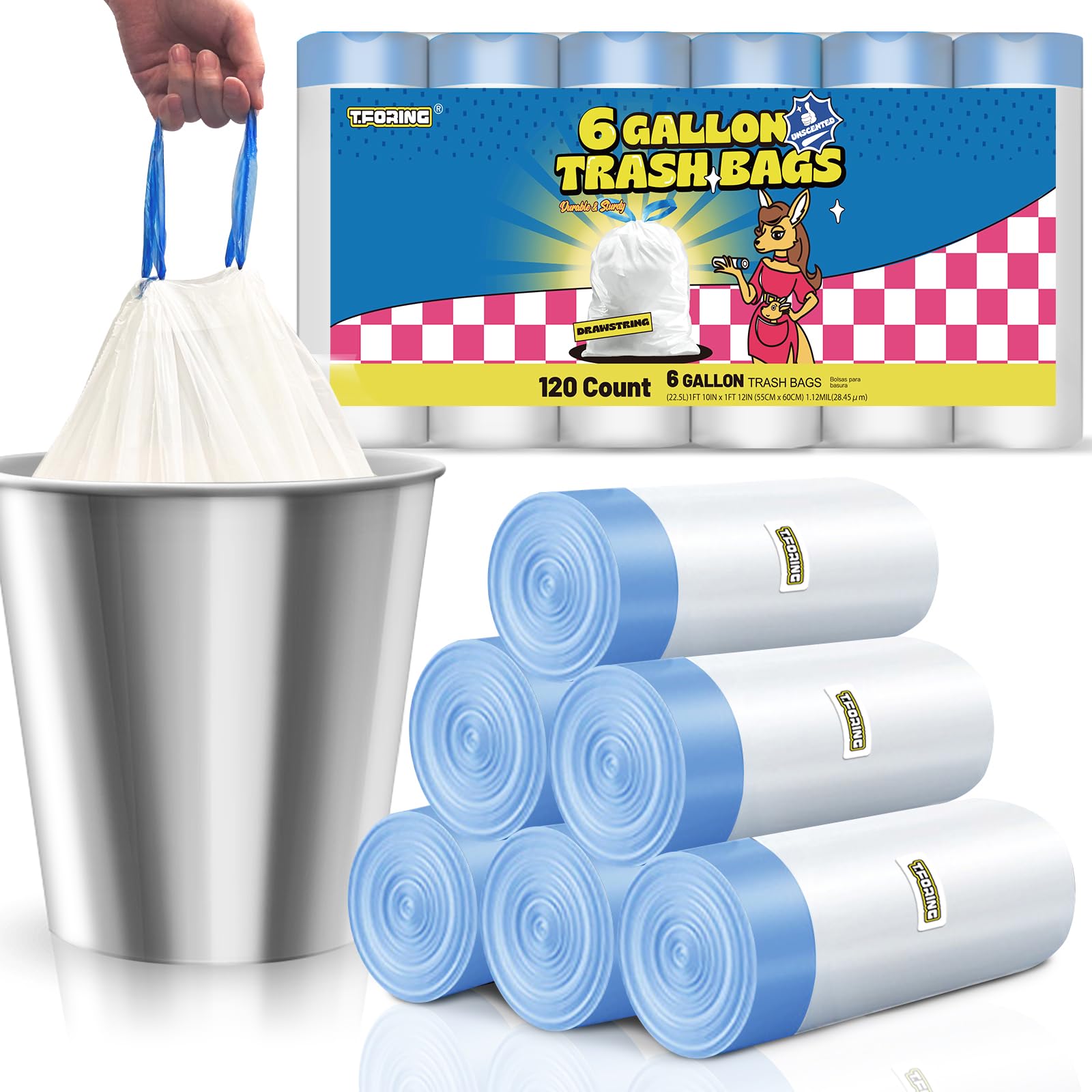 T.FORING 6 Gallon Trash Bags Drawstring 1.1 Mil - 120 Count Medium Garbage Bags,22.5 Liter Strong Plastic Trash Can Liners Unscented,Thick Waste Basket Bags for Home Bathroom Office Kitchen