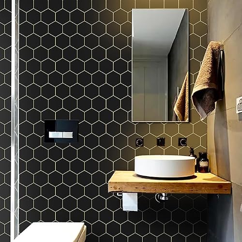 Miniatura 3 de Papel tapiz geométrico negro para despegar y pegar, papel de contacto dorado y negro, rollo decorativo para estantes y cajones, 17.3" x 393" -