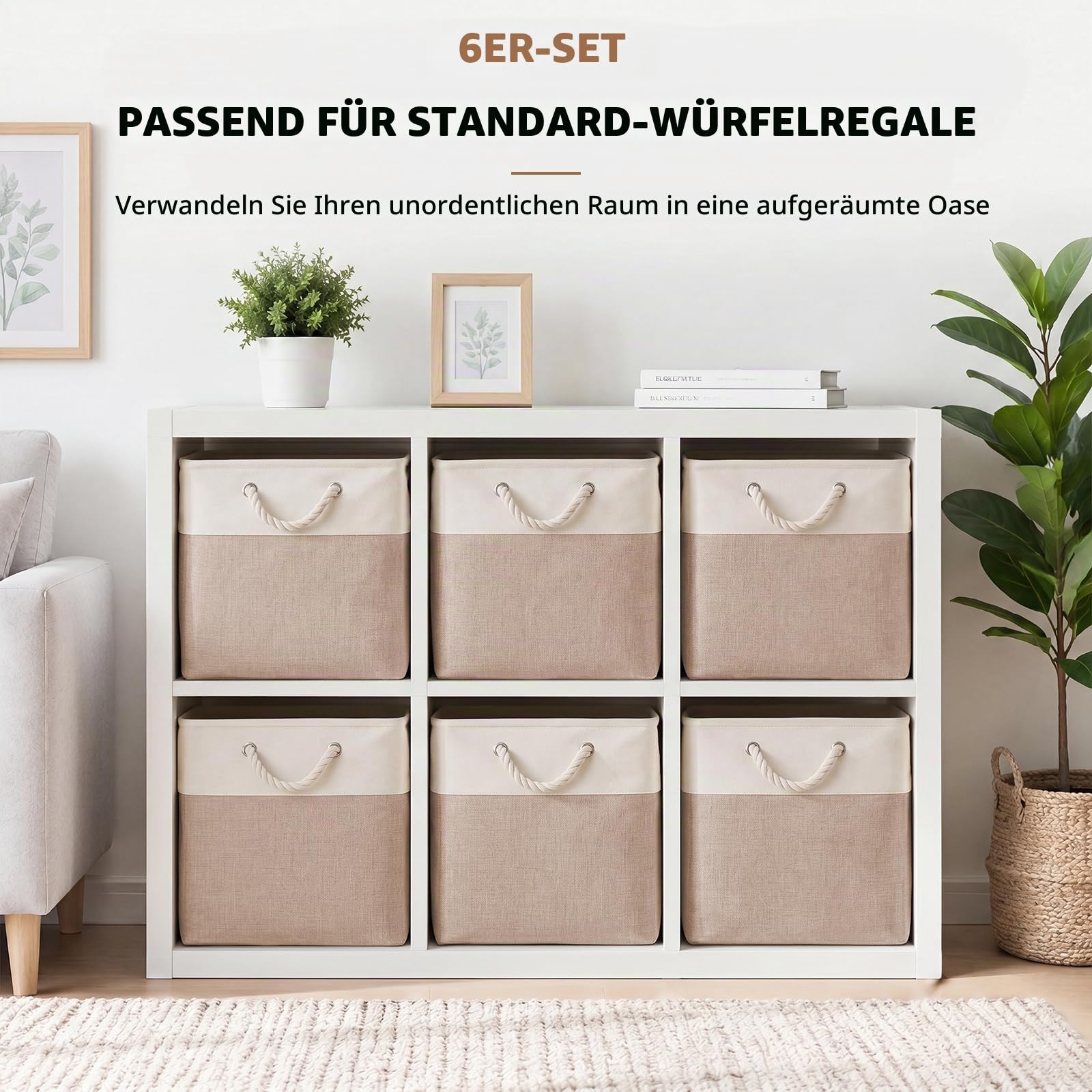 33×38cm Aufbewahrungsbox,Aufbewahrungskorb aus Stoff mit Tragegriffen,6 Stück faltbare Aufbewahrungskörbe,Geeignet für Bad,Schlafzimmer,Büro,Arbeitszimmer und Kinderzimmer(Weiß & Beige)