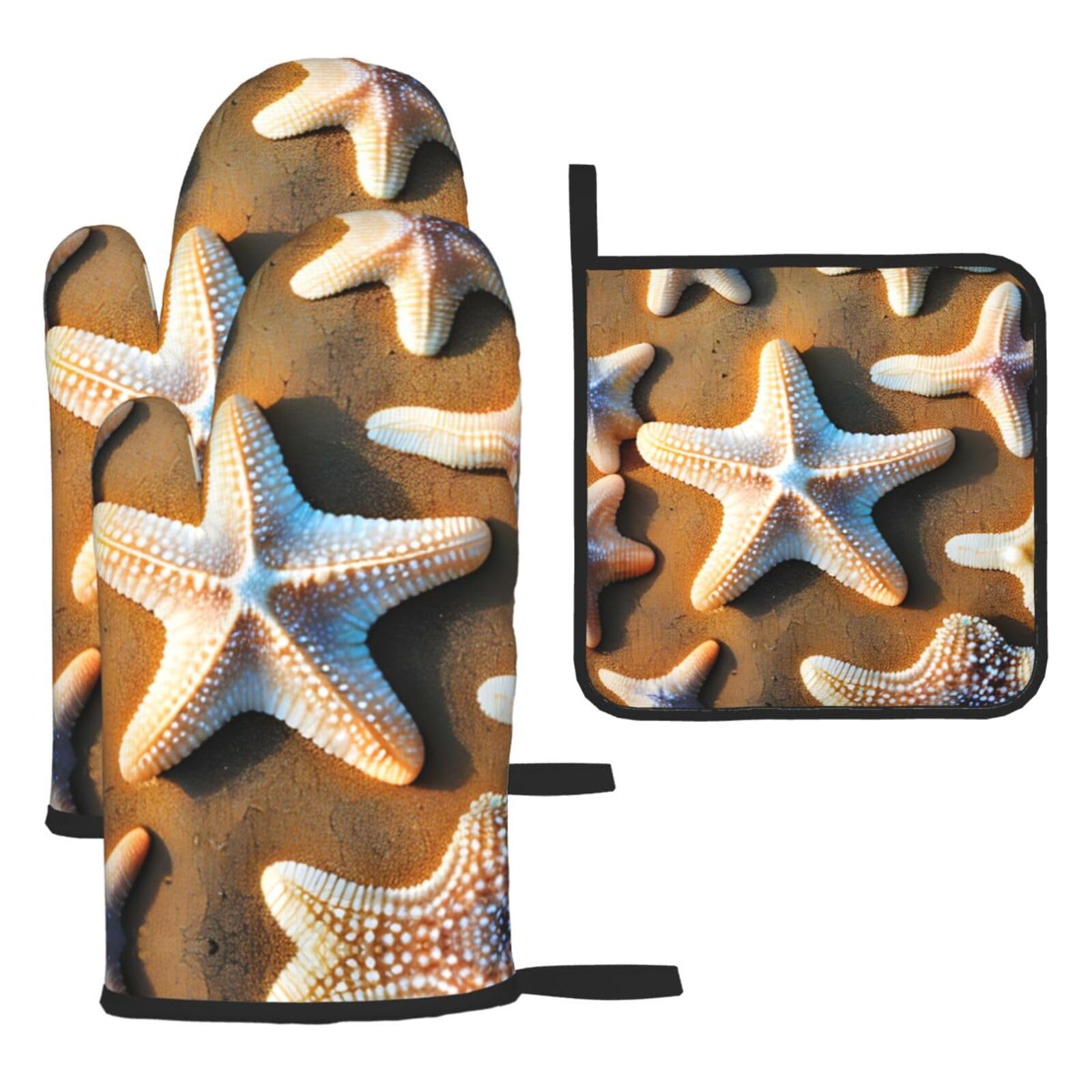 Starfish Beach Print Oven Mitts and Pot Holders,Non-Slip Pot Holders for Kitchen,Thick Potholders for Baking Grilling