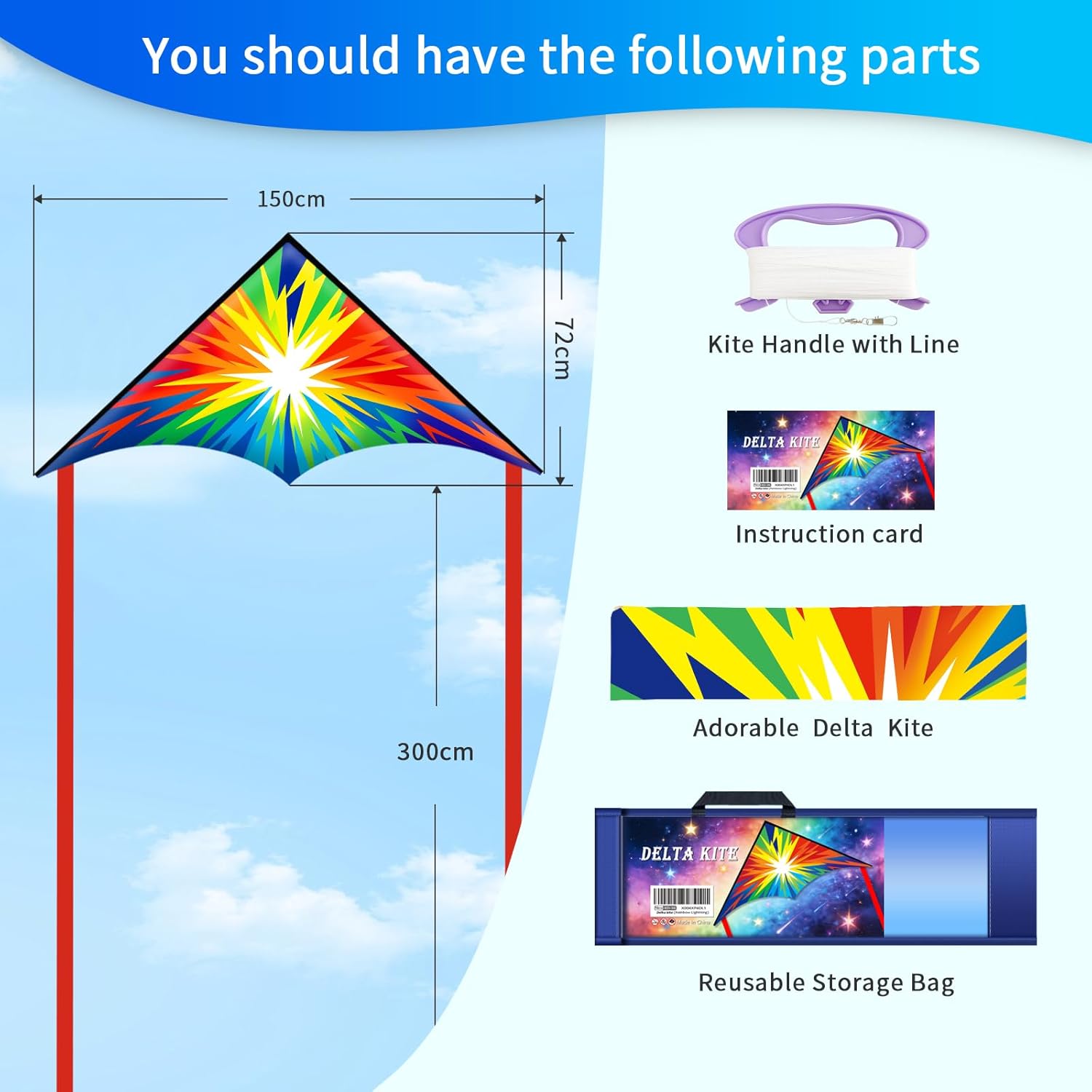 Xida Large Delta Kite for Kids & Adults - Easy to Fly Kites for Kids Ages 4-8 & 8-12, Vibrant Rainbow Kite with Cool Lightning Design