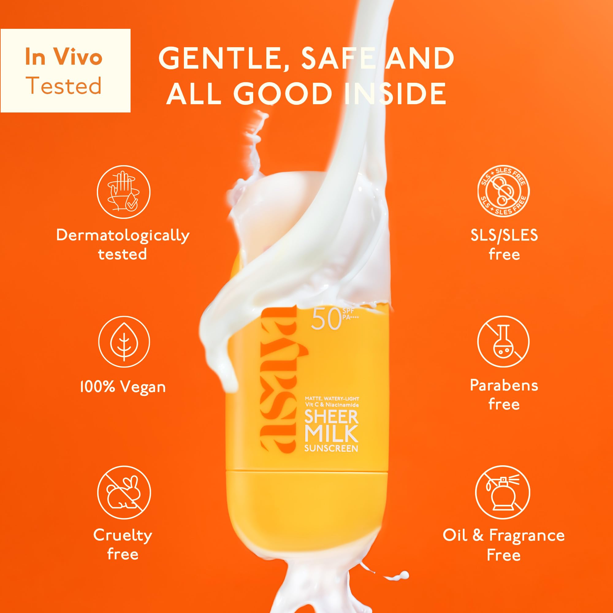 Asaya Sheer Milk Sunscreen SPF 50 PA++++ UVA + UVB | In-VIVO Tested | Lightweight Fluid Sunscreen with Vitamin C & Niacinamide for Brightening & Barrier Support | Water Based for Acne skin | Matte & Quick Absorbing | For Acne-Prone, Oily or Combination Skin | 50 ml 4