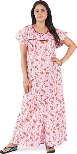 Polina Women's All Over Printed Open Front Full Cotton Blend Nighty/Maxi/Nightgown/Nightwear Article No -142