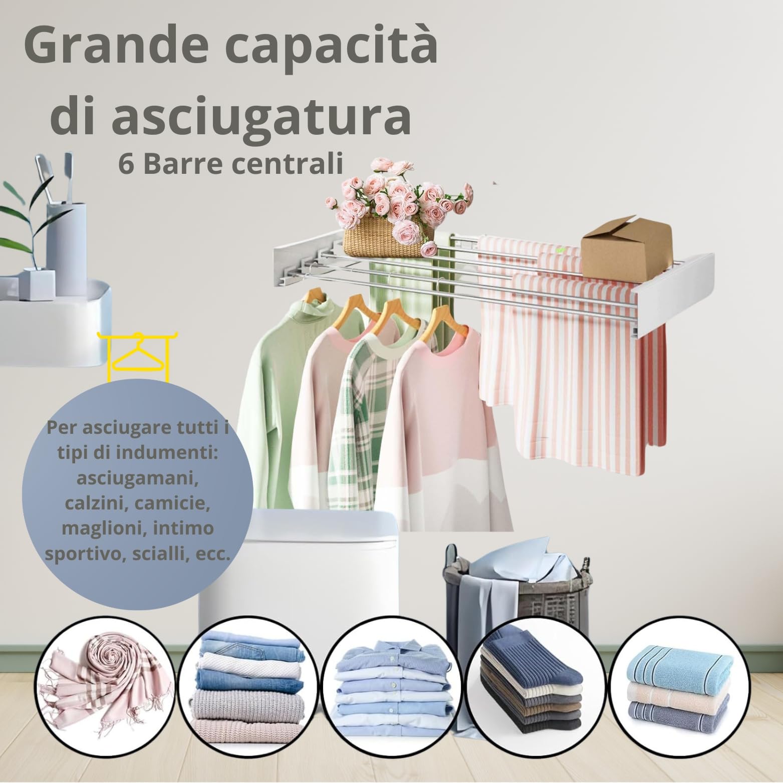 Stendino da Parete Pieghevole Estensibile Retrattile 100 cm con 24 Pinze Stendibiancheria da Muro Richiudibile Antiruggine Interno Esterno Salvaspazio