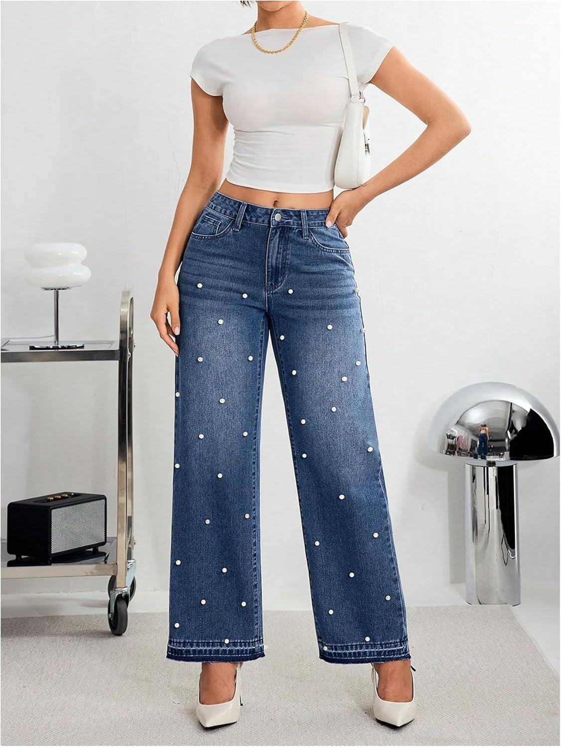 MakeMeChic Women's Pearl Jeans Valentines Wide Leg Straight Y2K Denim Pants Trousers