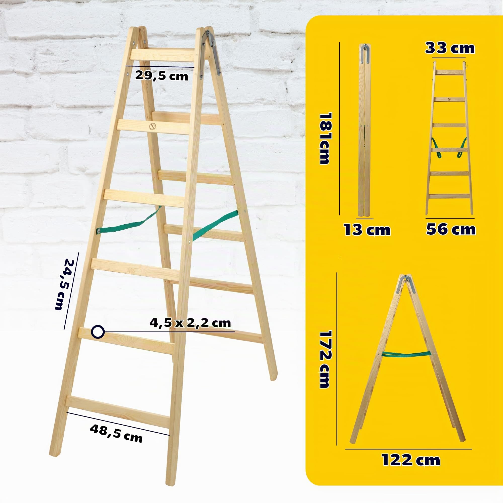 KADAX Scala a Pioli Doppia in Legno di Pino Impregnato, Scaletta Pieghevole con Gancio in Acciaio e Certificata EN 131, Fino a 150 kg (6 Gradini)