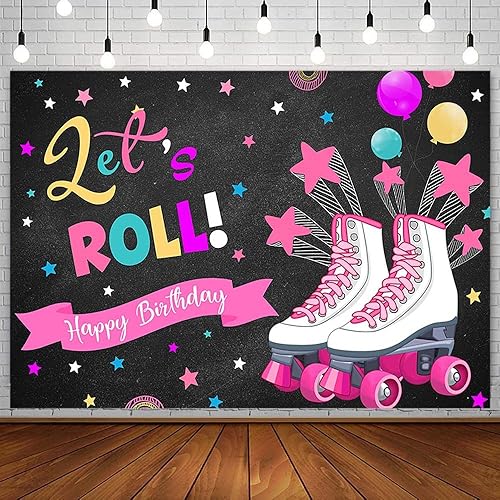 SENDY Telón de fondo de cumpleaños de 7 x 5 pies para niña, globo de estrella rosa, confeti, suministros de decoración de fiesta, patinaje sobre