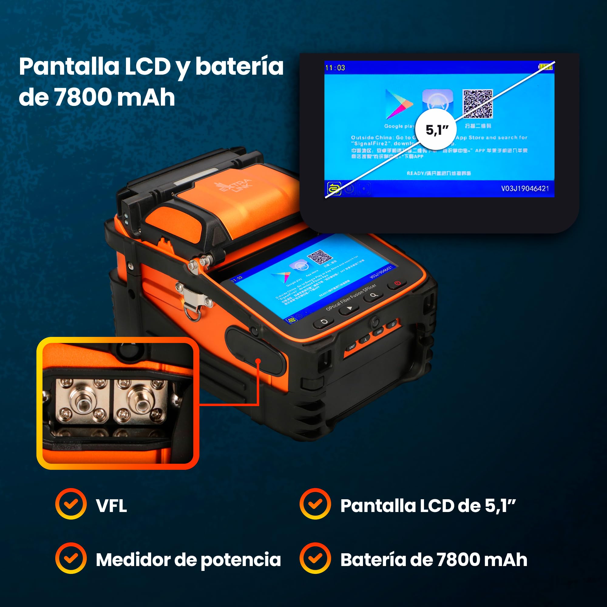 EXTRALINK Fusionadora de Fibra Óptica – Máquina de Fusión con 6 Motores, Batería 7800mAh, LCD 5,1" con Zoom 300x, App, Empalme 6s & Calentamiento 15s, Equipo Automático para FTTH, LAN – Kit Completo