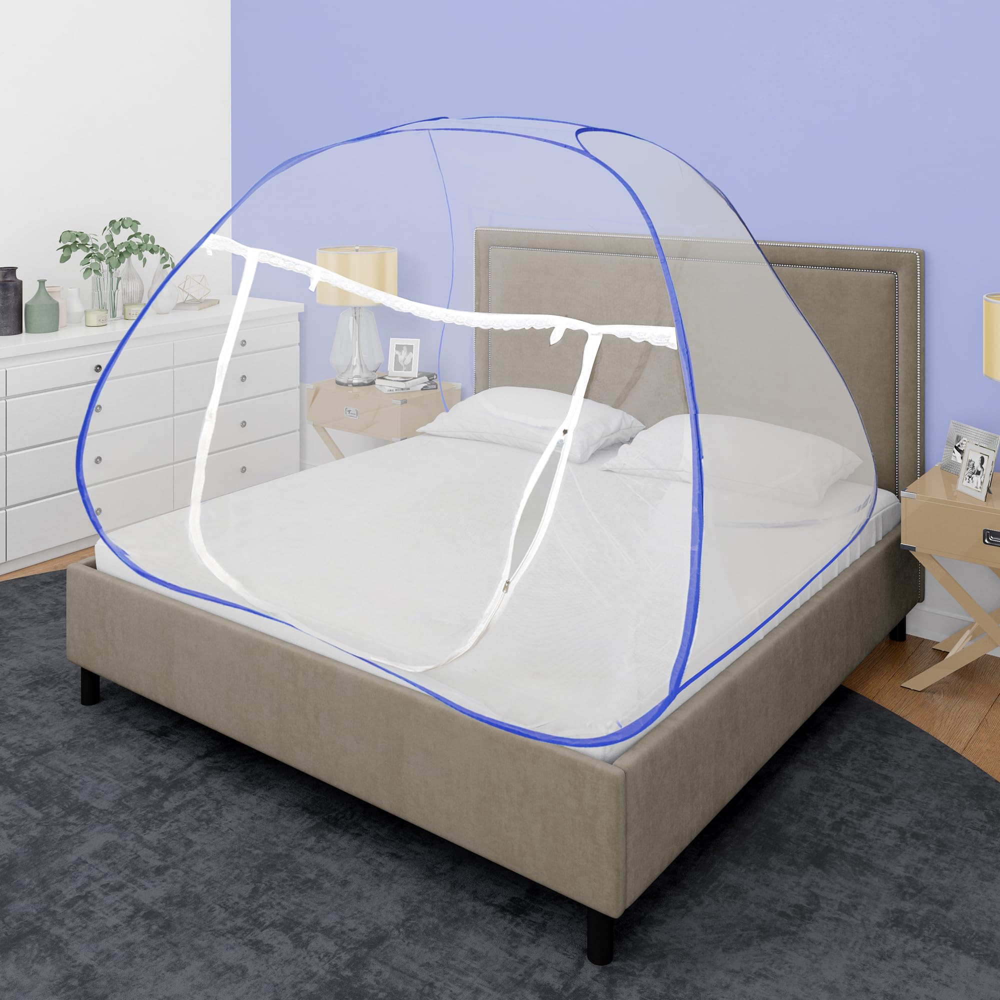 JDX Foldable Polyester Double Bed King Size Mosquito Net Tent | Machardani (Blue & White) (B0BTJ4LQ5M) Amazon Price History, Amazon Price Tracker