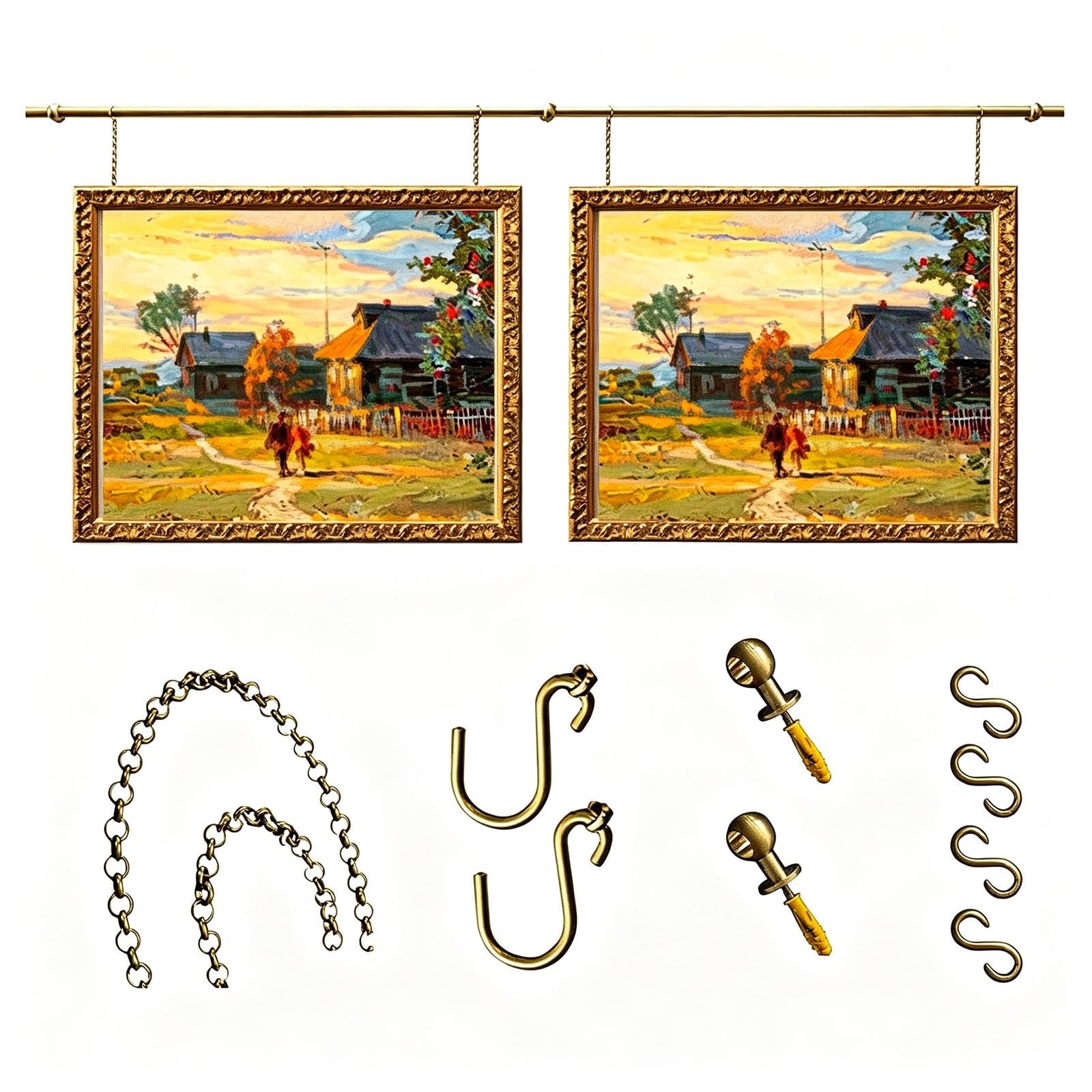 BiSaXieTa Brass Picture Rail Hanging System, Gallery Art Display Rod, Adjustable Heavy Duty Picture Hanging Rod, with Chains & S Hooks(0.9m(35.4") Rod)