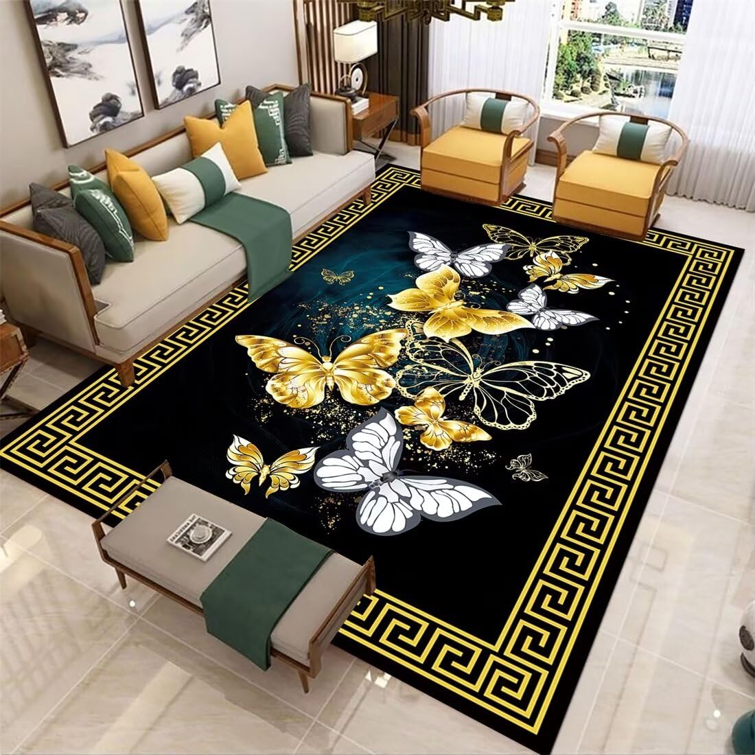 Tapis coloré salon papillon jaune pour créer un coin lecture cosy et confortable