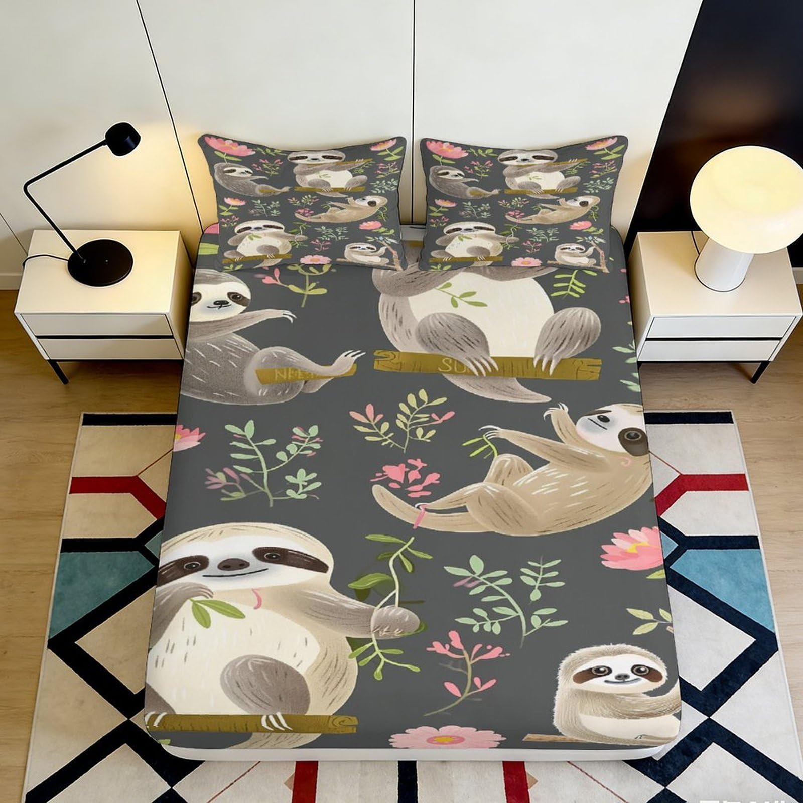 Jqzkxnhpbr Style-7 3D Printed Cartoon Sloth Fitted Sheet Microfiber Soft Breathable Floral Mattress Cover For Bedroom Dorm Decor 90X200x25cm