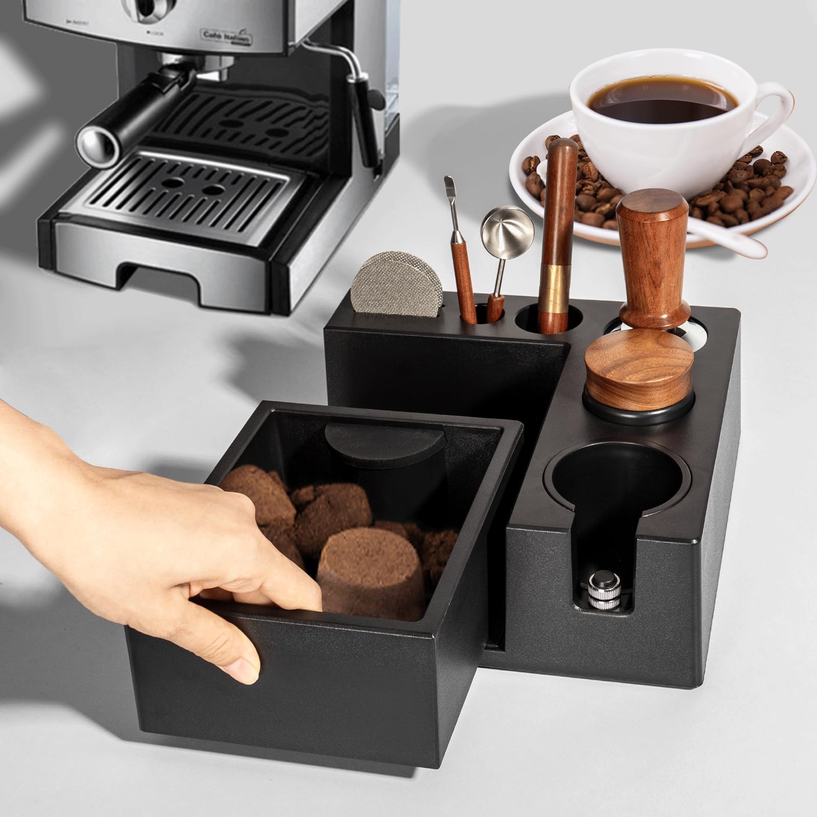 Stazione Tamper, Tamper Station in ABS per Portafiltro da 51–58 mm, per Macchina da Caffè Espresso Barista,Stazione Tamper a Cassetto, Coffee Tamping Station,Barista Station
