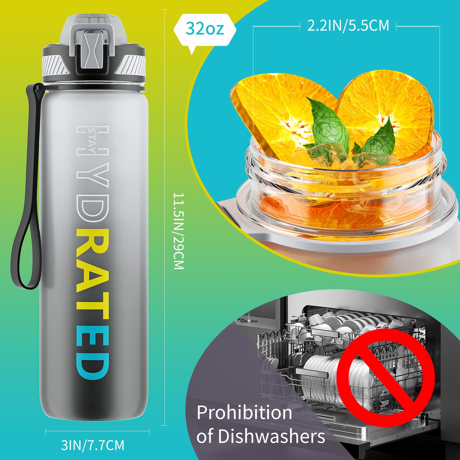 Gourde QLUR 1L Avec Paille – Graduée, étanche, Sans BPA, Idéale Pour Le Sport Et Le Bureau