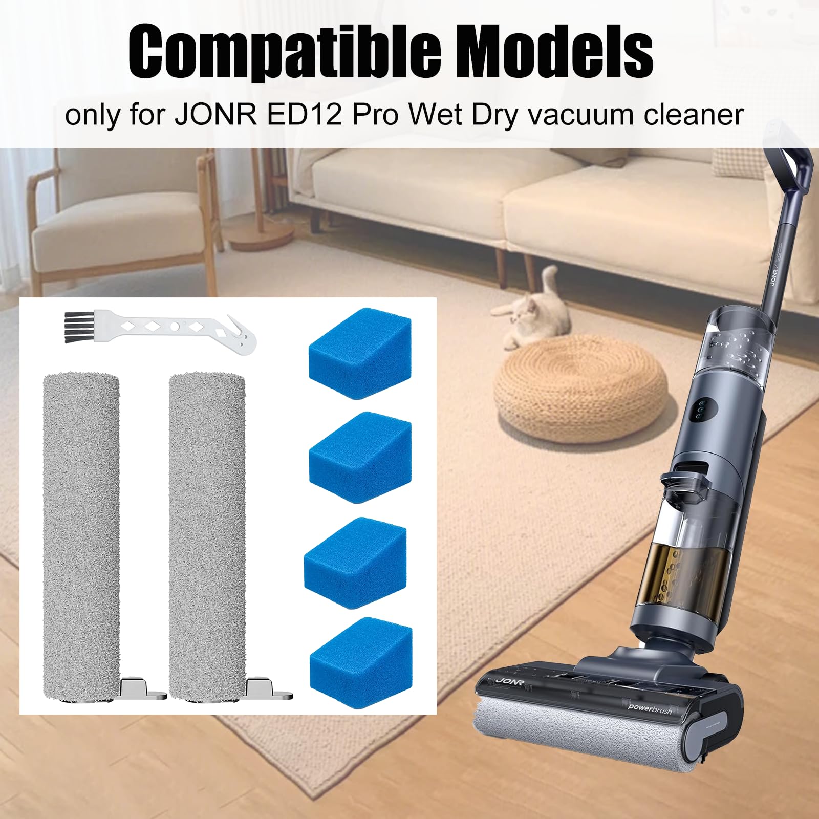 Vacuum Accessories Replacement Set only for JONR ED12 Pro Wet Dry Vacuum Cleaner, 2 Roller Brushes 4 Sponge Filter 1 Cleaning Brush