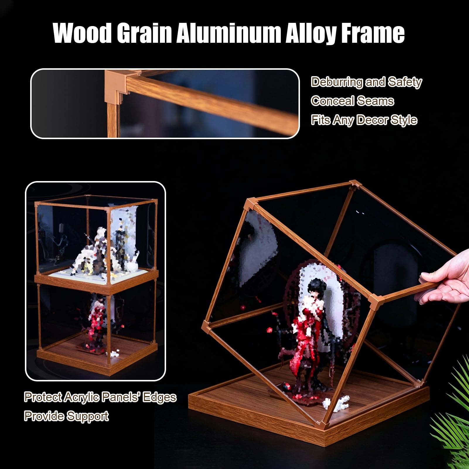 Teca Plexiglass Vetrina Retrò con Base Effetto Legno e Struttura in Alluminio | Vetrina Espositiva Alta e Trasparente in Acrilico Personalizzabile per Oggetti da Collezione(50x50xH50cm/20x20x20in)