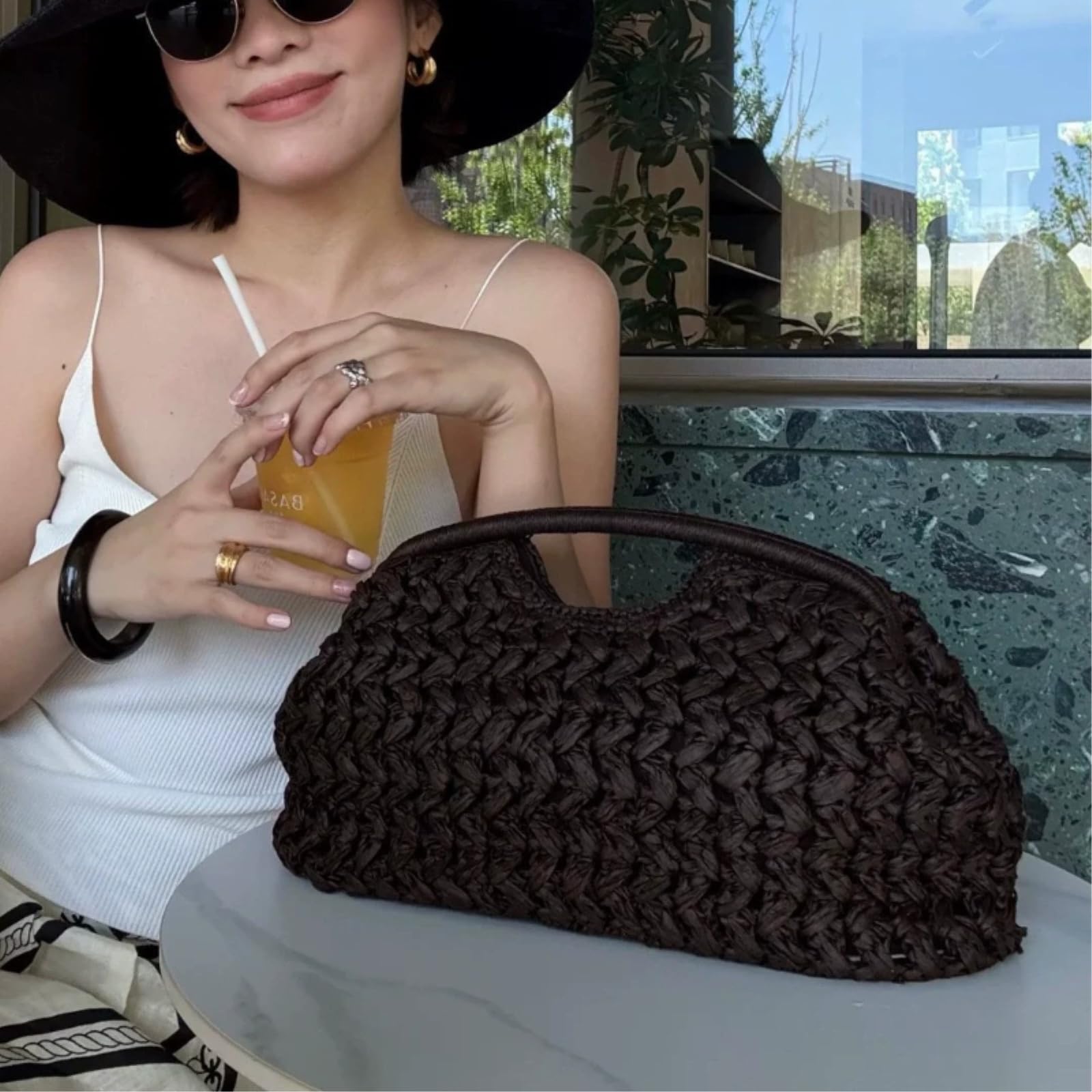 Strohtasche Damen Sommer Frauen Strandtasche Clutch Handtasche Tote Tasche Mode Gewebt Rattan Reisetasche-Black