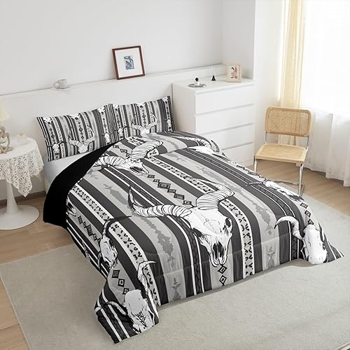 Miniatura 5 de Juego de ropa de cama estilo bohemio occidental, tamaño Queen, diseño de calavera de toro, vaquero, negro, blanco, gris, azteca del suroeste, para