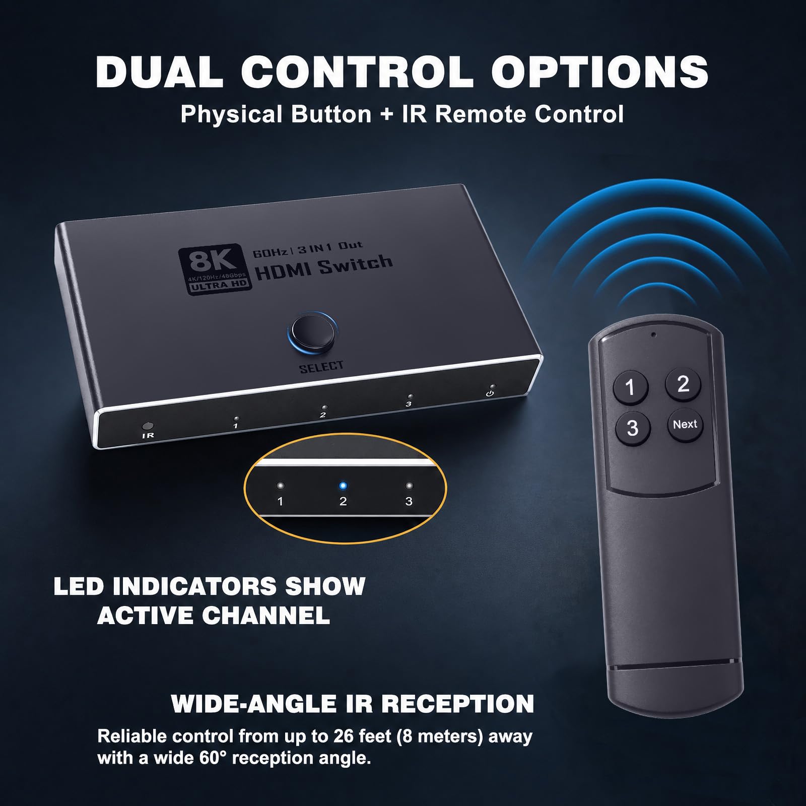 HDMI Switch 3 in 1 Out - 8K Aluminium HDMI Umschalter Verteiler mit IR-Fernbedienung unterstützt Dolby Vision 8K@60Hz 3D HDCP 2.3 Plug & Play für PC Laptop TV Beamer Projektor - Nur Spiegelmodus