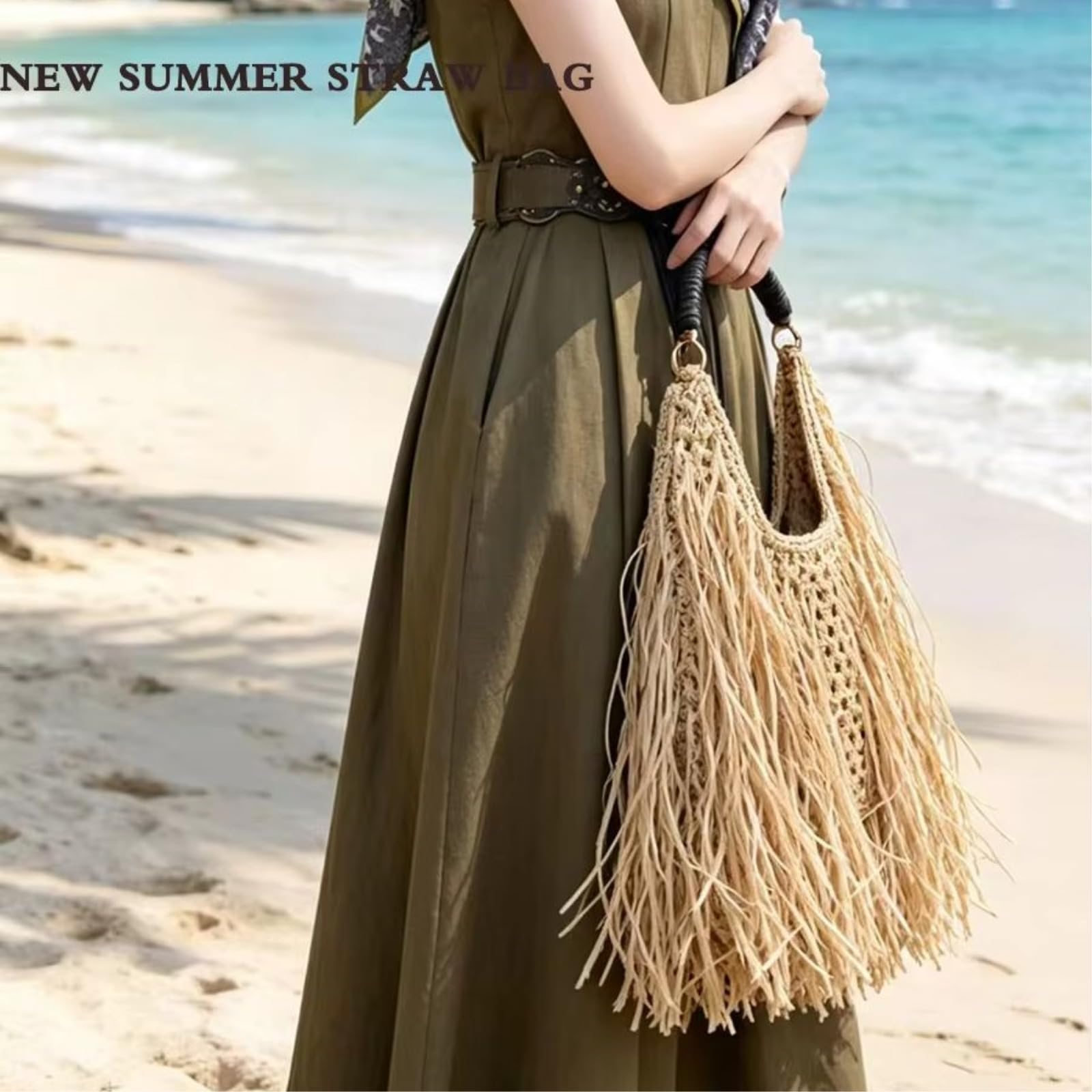Borsa Spalla Paglia A Mano Tessuta Raffia Bohemian Grande Estate Carryall Vacanze sul Mare-Brown
