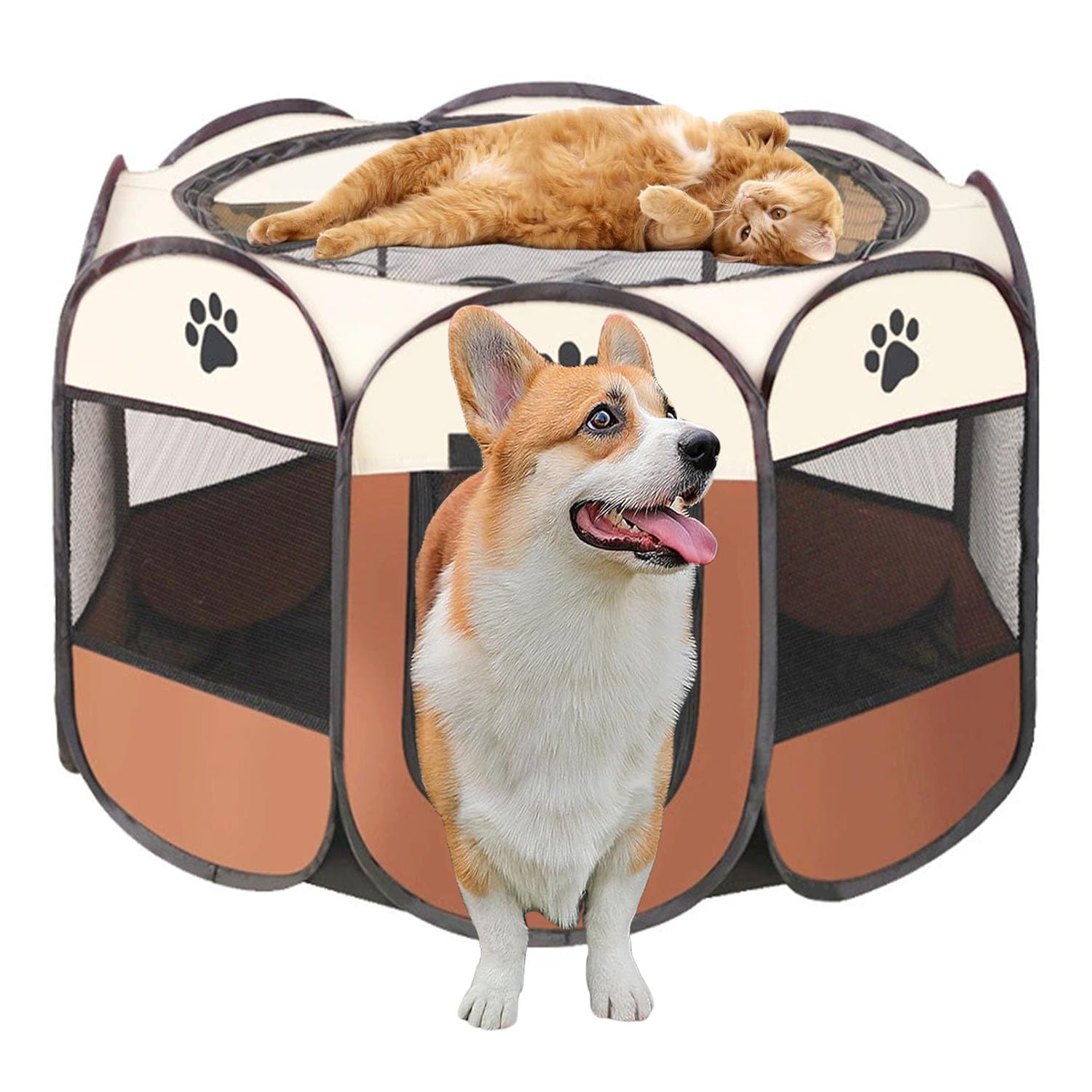 Parco portatile per cuccioli, pieghevole, per appartamento, per interni in tessuto Oxford impermeabile per cani, gatti, conigli, 74 x 74 x 43 cm (marrone)