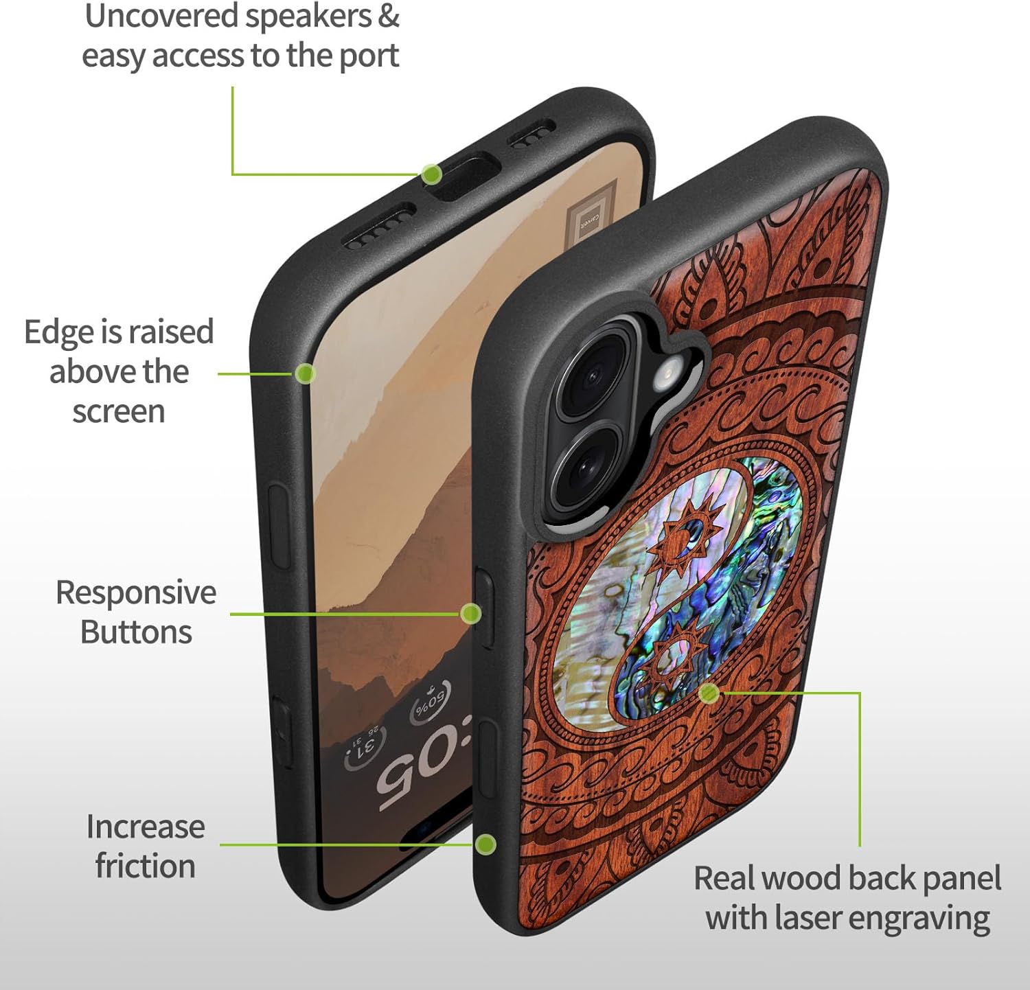 Carveit Magnetic Wooden Case for iPhone 16 Case, Wood Artisan Engraved & Handmade Shell Inlaid, TPU Shockproof Cover, Compatible with MagSafe Wireless Chargers (Yin Yang Paisley) Rosy