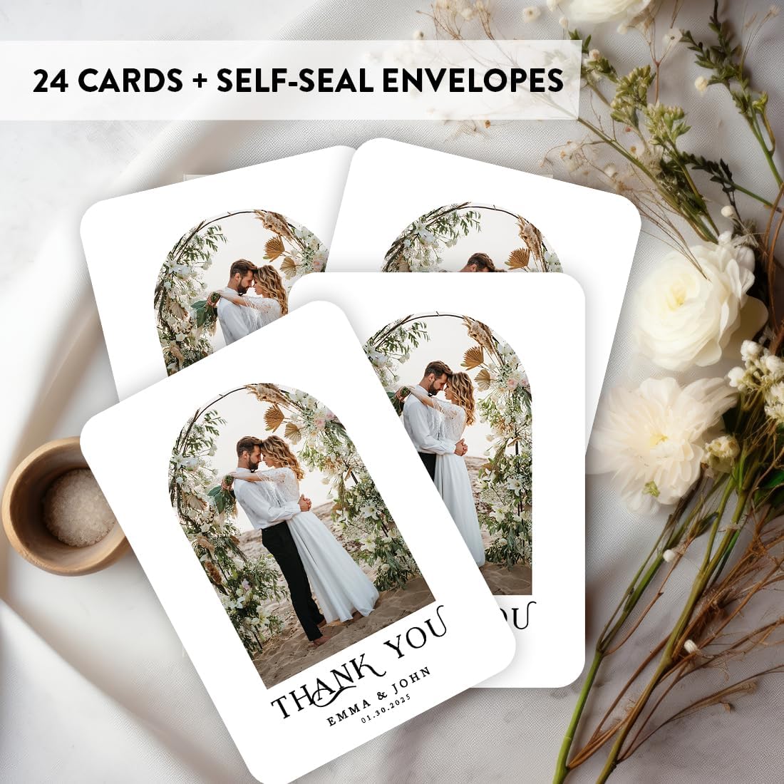 Andaz Press Personalized 5x7 Thank You Cards With Envelopes, Arch Boho Wedding Thank You Cards With Message, Custom Photo, Name, Date, Boho Wedding Thank You Cards Bulk, 24 Pack