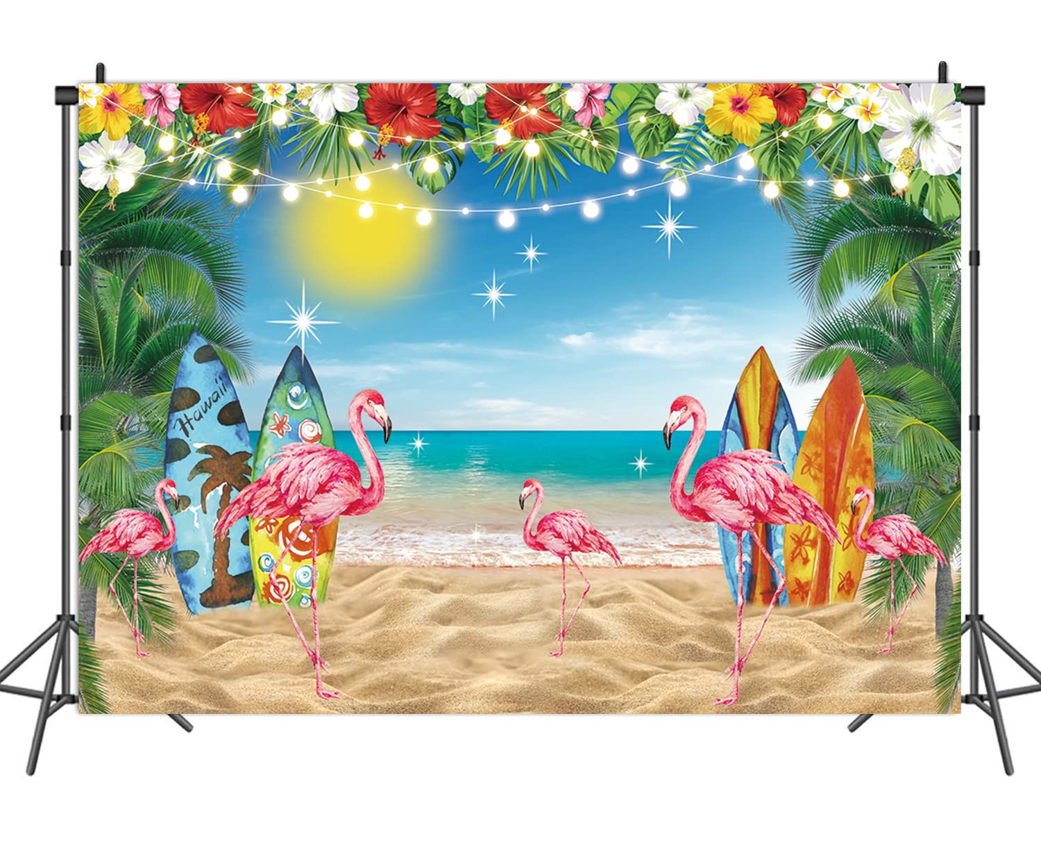Toile de fond d’été pour plage hawaïenne tropicale, toile de fond d’été pour île tropicale, bord de mer, surf, ciel, océan, flamant rose, feuilles de palmier, bannière de décoration, Aloha, luau, fête