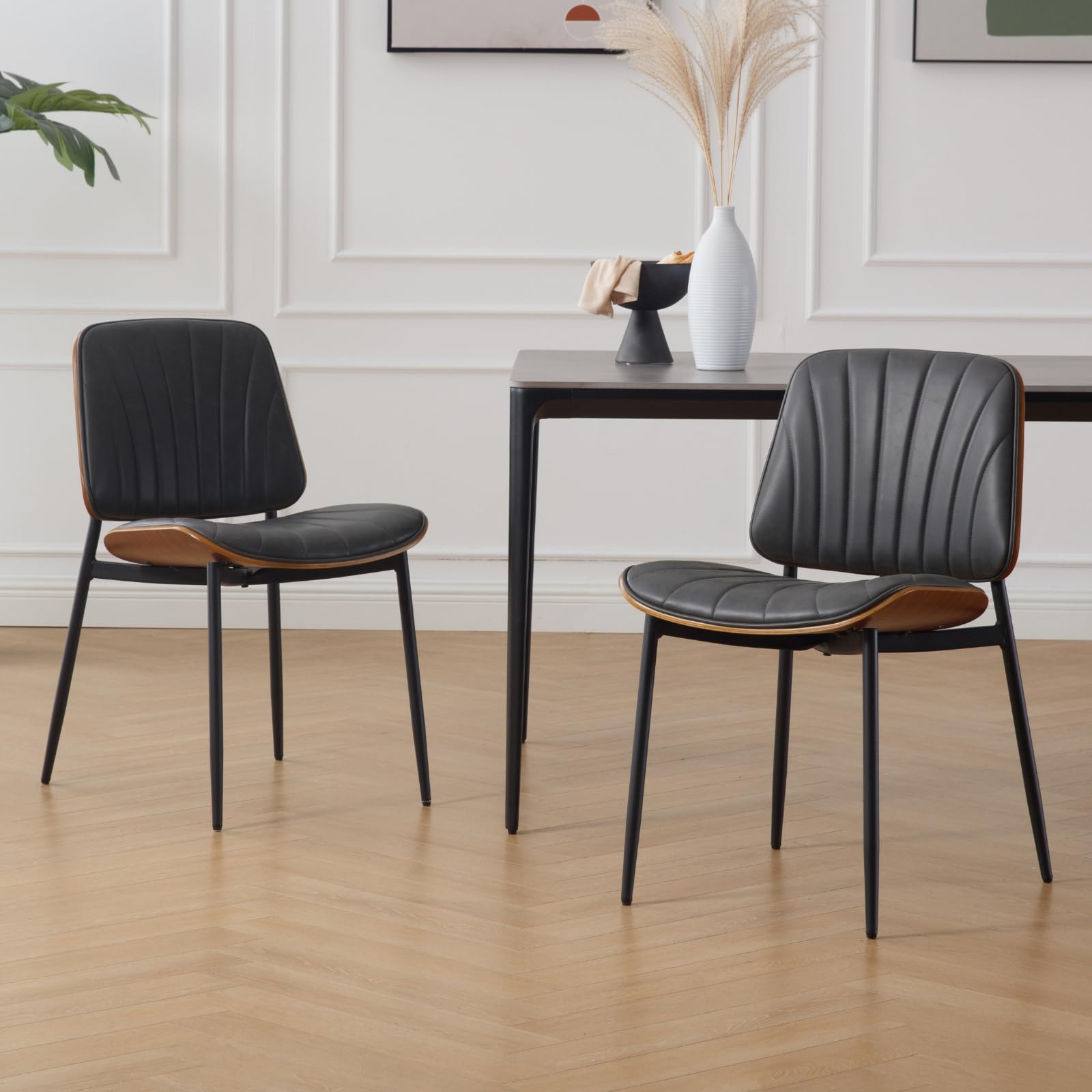 Wahson Juego de 2 Sillas de Comedor Modernas Sillas Cocina de Madera con Patas Negras,Sillas de Salón sin Brazos Sillas Ocios de PU Cuero para Hogar/Restaurante,Gris