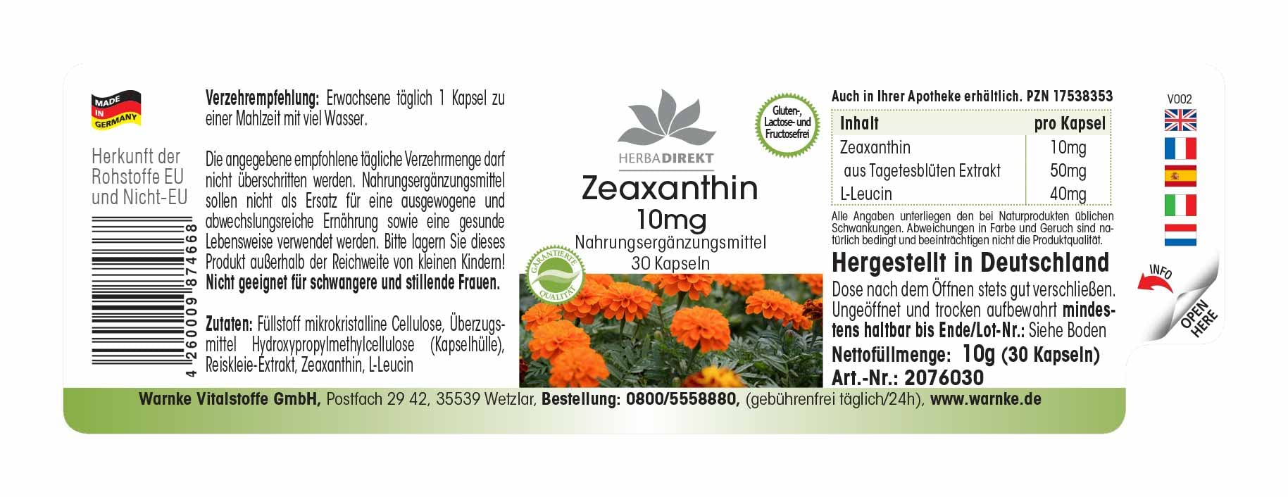 Zeaxantina 10mg - Ottenuto da 50mg d’estratto dai fiori di calendula - 30 capsule - Vegan | HERBADIREKT by Warnke Vitalstoffe - Qualità da farmacia tedesca