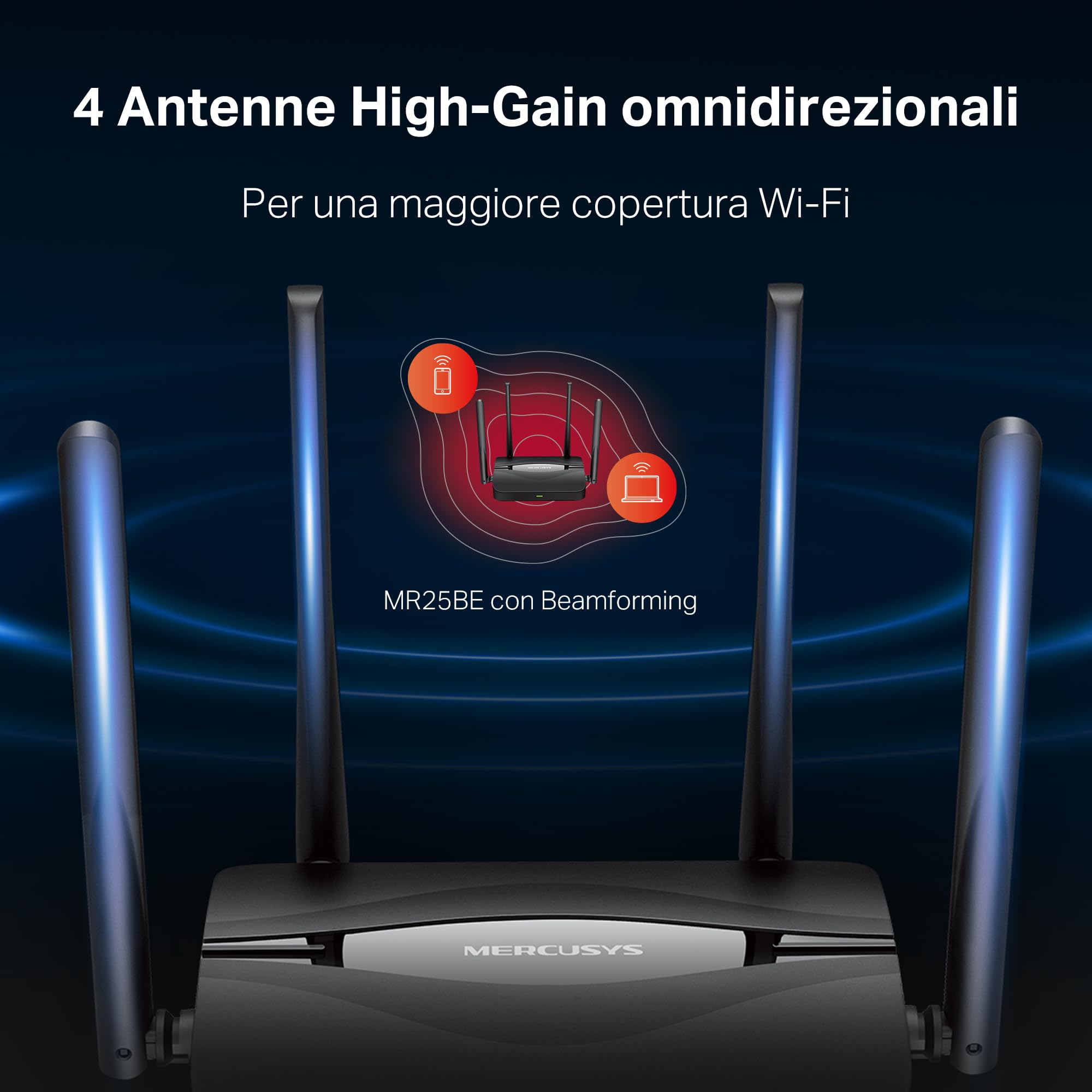MERCUSYS TP-Link MR25BE Router WiFi 7 BE3600Mbps Dual-Band, 4 Porte Gigabit, 4 Antenne Ad Alto Guadagno, Canali 160MHz, 4K-QAM, MLO, Sicurezza WPA3, Controllo da APP, non supporta xDSL