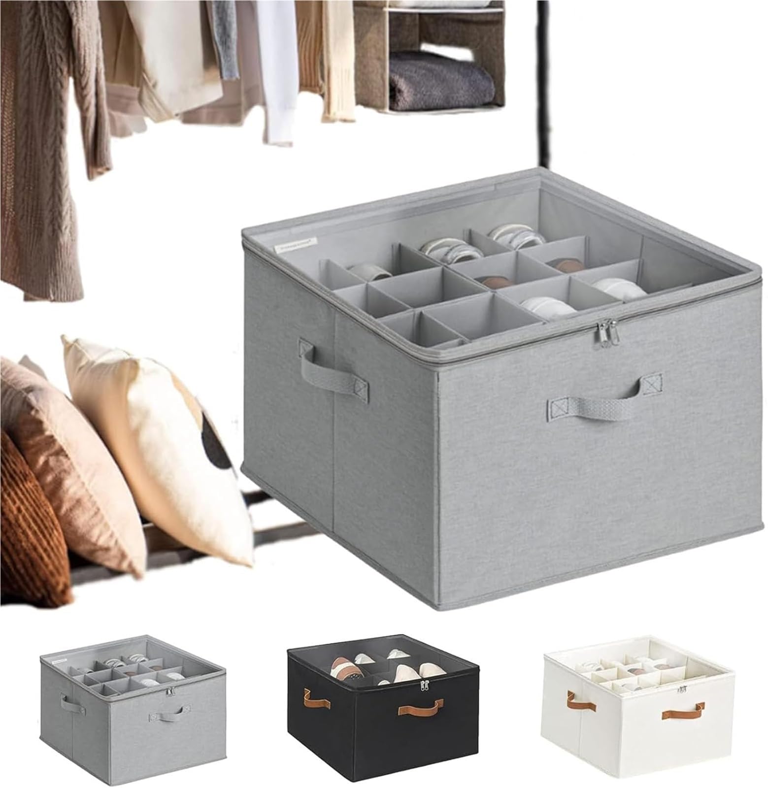 NIUSHIKE Emboadlie Fabric Shoe Organizer Storage Box, 16 Compartments 17 * 17 * 12in Foldable Shoe Box, Emboadlie Shoe Box, Adjustable Dividers, with Transparent Lid and Sturdy Handle(Grey)